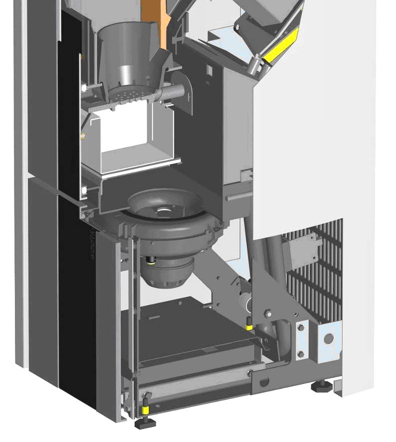 Eingriffschutz Anschluss externe Pelletbeschickung (hinten) Umlenkplatte Dekorglas Temperaturfühler Pelletrutsche (TP) Feuerraumtür (FT) Förderschnecke Brennertopf (Guss) Fallstrecke Aschelade
