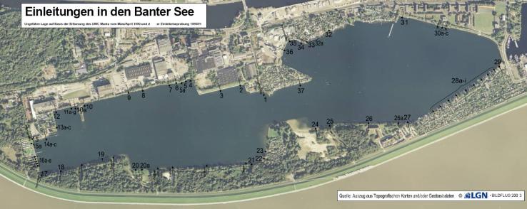 Handlungsoption Banter See 4 von 4 Zweiseitige Öffnung mit beweglicher Wehrkonstruktion Zweiseitige Öffnung des Banter Sees (Wasseraustausch) Großer Hafen Jade 0 500 1000 [m] Quelle Luftbild: NLPV