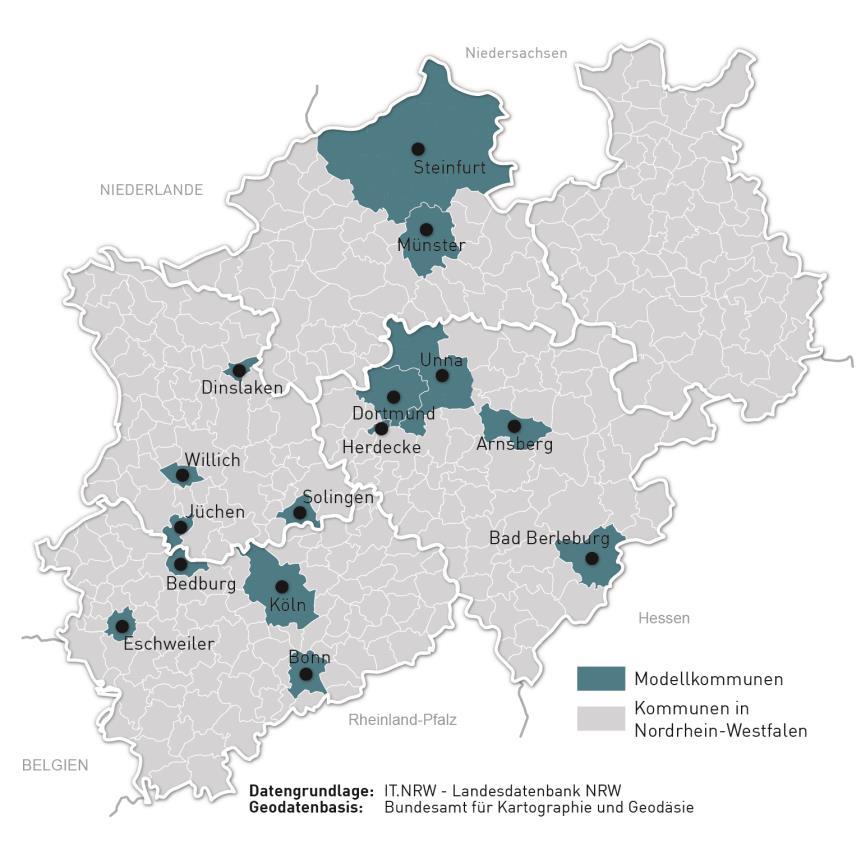 Global Nachhaltige Kommune NRW Modellkommunen 2 Kreise 12 Städte 1 Gemeinde Bevölkerung: von 19.000 bis 1 Mio.