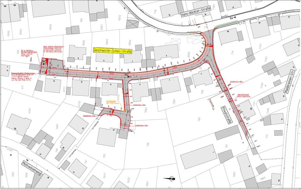 3. Planung der Straßen 2. Geschwister-Scholl-Straße Fahrbahnbreite mit Rinne 3,70m Asphalt Mehrzweckstreifenbreite rd.