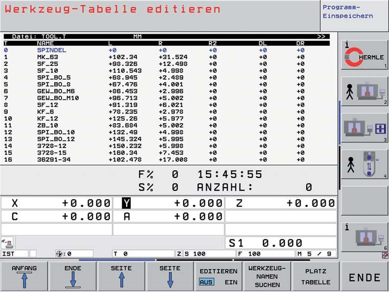 14 1 Betriebsarten 1.4 Werkzeug-Tabelle In der Werkzeug-Tabelle können bis zu 999 Werkzeuge definiert und deren Werkzeug-Daten gespeichert werden.