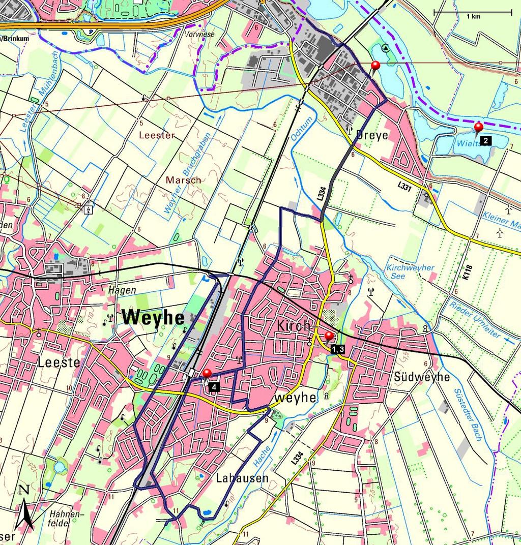 Länge: 16,24 km Steigung: + 0 m / - 0 m Dauer: Start: Bahnhof Dreye Verlauf: Gehrlandsweg, Weserdeichwanderweg, Am Deich, ca.