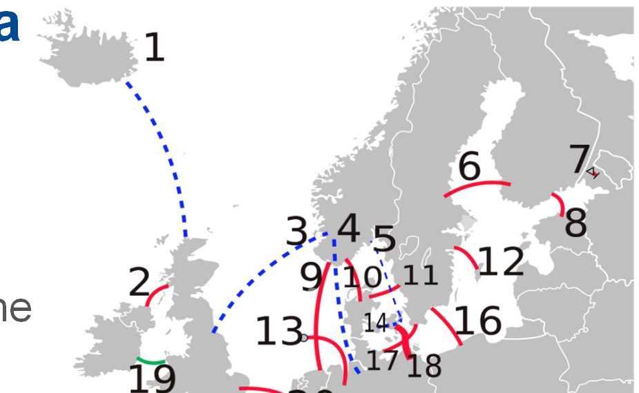 HGÜ - Leitungen in Europa Rot: