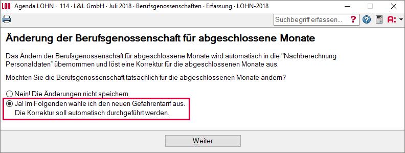 BG-Wechsel im Meldejahr Erfassen Sie bei einem unterjährigen Wechsel der Berufsgenossenschaft eine neue Berufsgenossenschaft mit der korrekten Gültigkeit. Neue Berufsgenossenschaft erfassen 1.