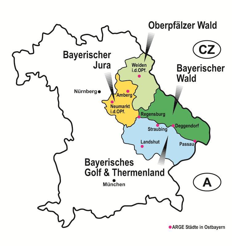 Die Urlaubsregionen Ostbayerns Ankünfte Übernachtungen Bayerischer Wald* 1,88 Mio. (+3,8 %) 7,24 Mio. (+1,9 %) Bayerisches Golf & Thermenland* 1,76 Mio. (-0,1 %) 6,73 Mio.