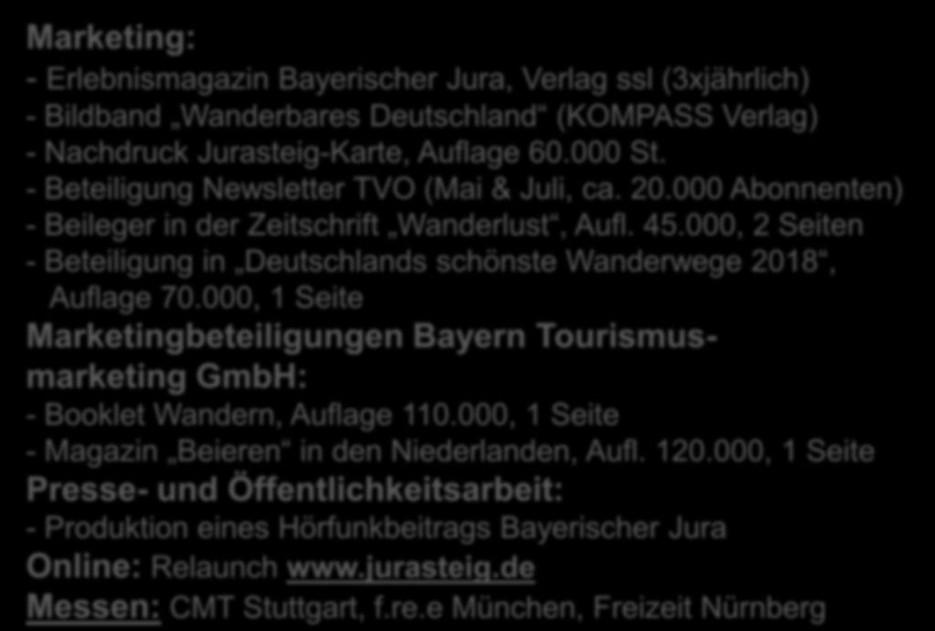 Marketingmaßnahmen 2017 Marketing: - Erlebnismagazin Bayerischer Jura, Verlag ssl (3xjährlich) - Bildband Wanderbares Deutschland (KOMPASS Verlag) - Nachdruck Jurasteig-Karte, Auflage 60.000 St.