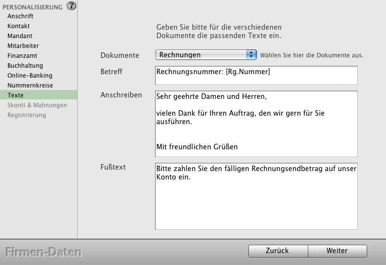 - 31-7.9 Texte Auf der Seite Texte können Sie die Texte eingeben, die dann in Ihren Dokumenten in den Bereichen Betreff, Anschreiben und Fußtext automatisch eingefügt werden.