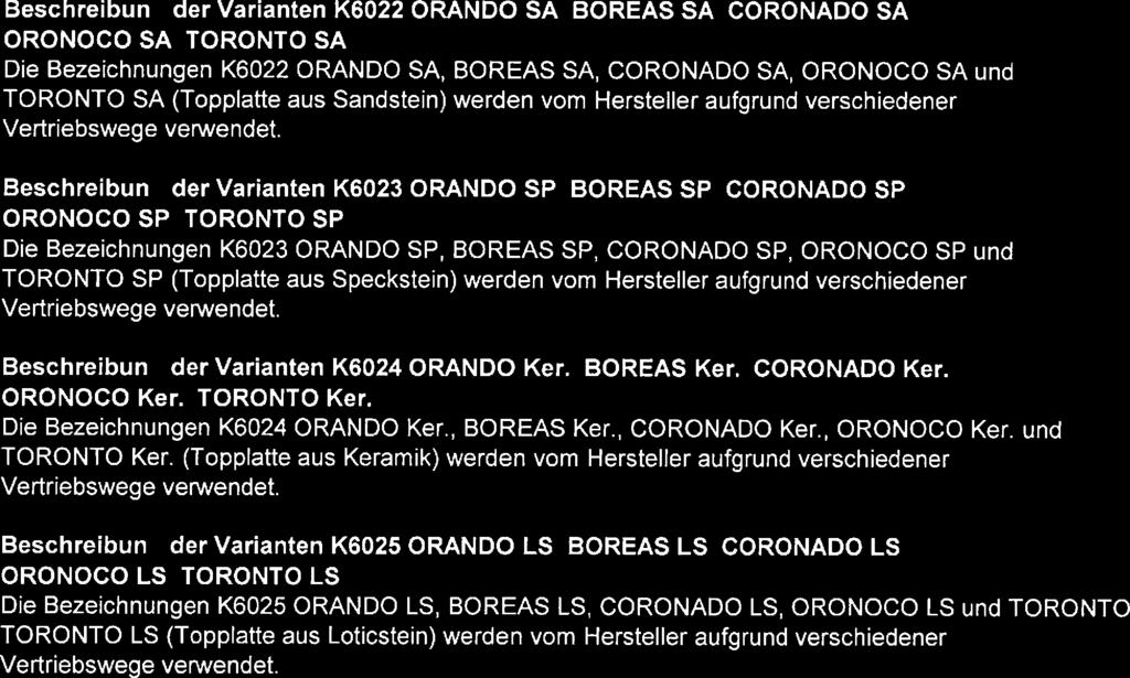 CORONADO SA, ORONOCO SA und TORONTO SA (Topplatte aus Sandstein) werden vom Hersteller aufgrund verschiedener Vertriebswege verwendet Beschreibung der Varianten K6023 0RANDO SP. BOREAS SP.