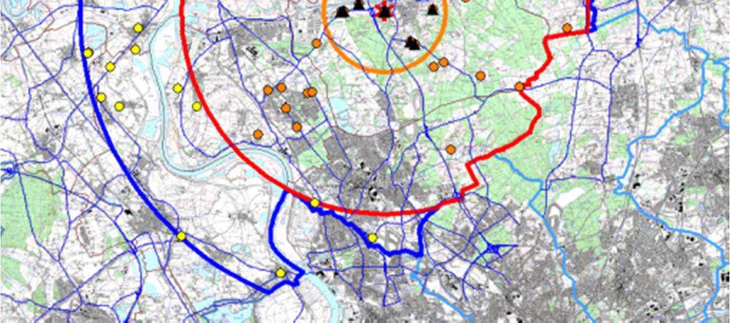 (15 km Radius*) gefährdetes Gebiet (ASP bei WS) blaue Linie (gezackte Linie:
