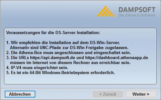 3. Installation des DS-Servers Das Programm DS-Server ermöglicht die Kommunikation zwischen Ihrem DS-WIN und der Athena-Box.