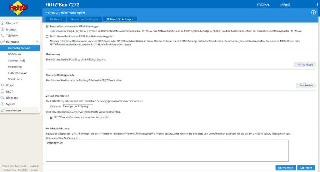 Sollten Sie eine Fritz Box als DNS-Server verwenden finden Sie die entsprechende Einstellung unter Heimnetz > Heimnetzübersicht > Netzwerkeinstellungen.