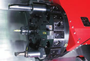 2-fach VDI 4 Axialrevolver mit Ein-Motoren-Technik. Ein Servomotor treibt die angetriebenen Werkzeuge und die Schwenkbewegung. Kein Abheben, durchschaltend mit Richtungslogik.