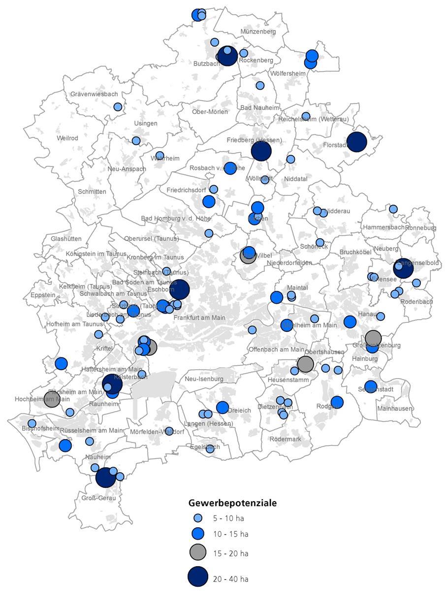 Gewerbeflächen große Potenziale im Plan Flächenpotenziale > 5 ha für regional bedeutsame Unternehmensansiedlungen 36 unbebaute Flächenpotenziale mit einer Größe über 10 ha Nahezu alle großen