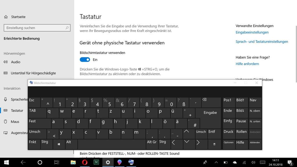 Bedienhilfen Windows 10 - Bildschirmtastatur
