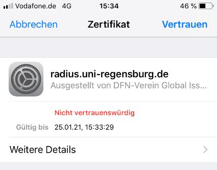 Über Weitere Details lassen Sie sich den Zertifikatsinhalt anzeigen. Dort muss als Server (Allgemeiner Name) radius.uni-regensburg.de gelistet sein.