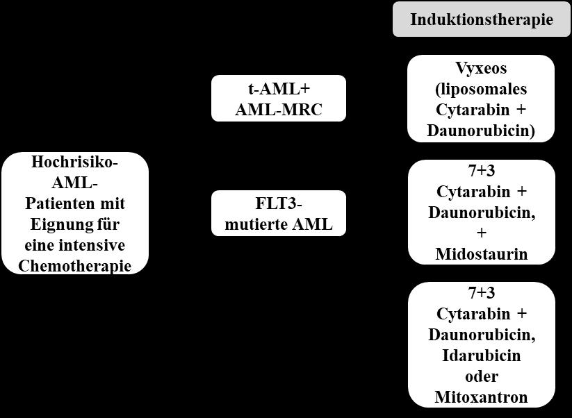 Abbildung 3: Schema der aktuell empfohlenen Induktionstherapie für Patienten mit Hochrisiko-AML, die für eine intensive Chemotherapie geeignet sind (Eigene Abbildung in Anlehnung an NCCN Guidelines