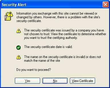Bei Verwendung von Internet Explorer 6 Das Dialogfeld Security Alert wird eventuell je nach Status des Zertifikats angezeigt. Klicken Sie in diesem Fall auf Yes, um fortzufahren.