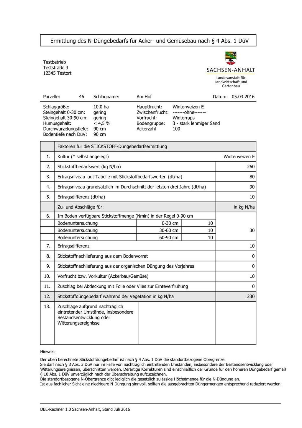 Ausdruck Düngebedarfsermittlung nach DüV 15 Gezeigt wurde jeweils ein Zwischenstand!