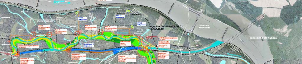 Lageplan 9,4 km neues Flussbett (MW-Bett: 25 m-40 m HQ1-Bett: 60