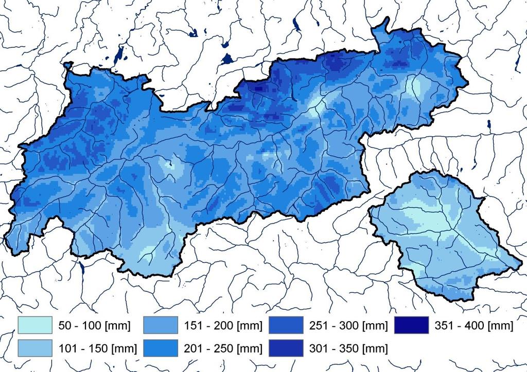 Niederschlag Der Berichtsmonat war in ganz Tirol zu feucht. In Nordtirol wurden bis zu 270% des langjährigen Mittelwertes erreicht (Stanzertal bis ins Obere Gericht).