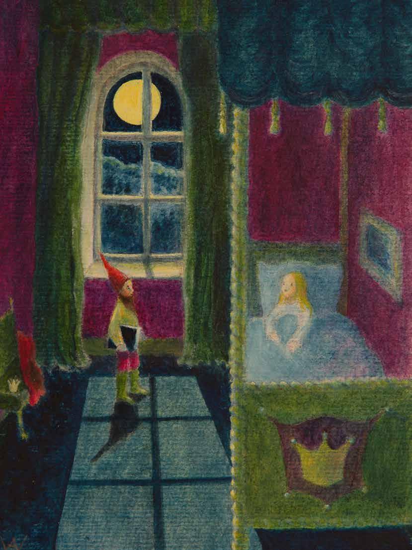 IN MALIS SCHLAFGEMACH Der Zwerg ging nun in die Kammer der Prinzessin. Dort lag sie in ihrem Bett und starrte an die Decke.
