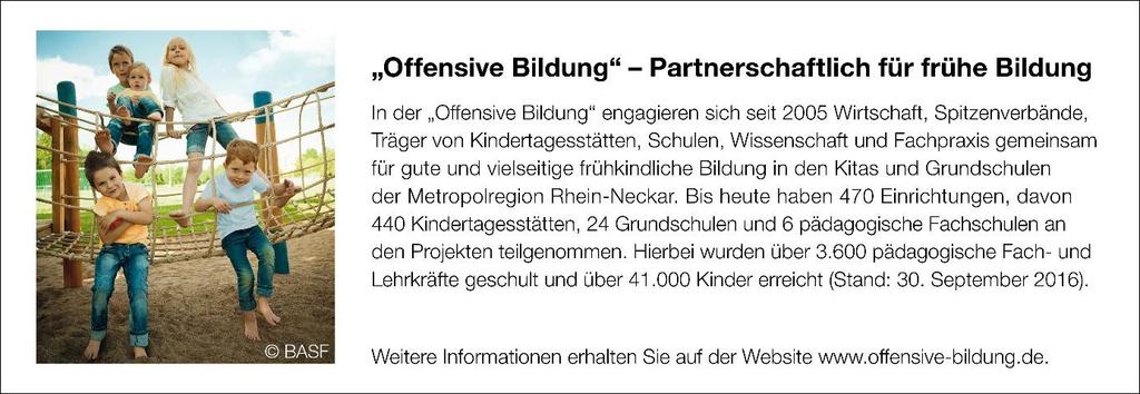 Projektkosten / Eigenbeitrag: Ein Eigenanteil von 25% muss von dem Kita-Träger sichergestellt werden, die restlichen 75% der Projektkosten werden durch die BASF SE finanziert.