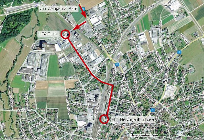 Anreiseplan UFA-Mischfutterwerk, Mit der Bahn: Mit dem PW: Bis Herzogenbuchsee, dann zu Fuss ca. 15 min. Ankunft Herzogenbuchsee Bhf.