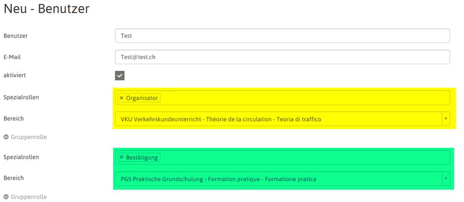 Die Spezialrollen müssen pro Bereich zugeteilt werden. Mit einem Klick auf «Gruppenrolle» wird eine neue Gruppe geöffnet.