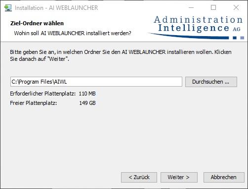 Im nächsten Schritt kann das Installationsverzeichnis von AI WEBLAUNCHER ausgewählt werden.