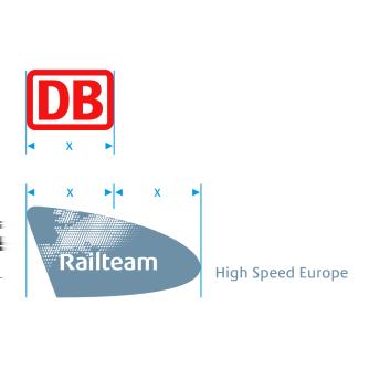 CD-Regeln: Logodarstellung Um sicherzustellen, dass die Gewichtung der Marke DB als Absenderlogo und dem Railteam-Logo bei Publikationen im Rahmen von Kooperationsprojekten stets ausgewogen ist,