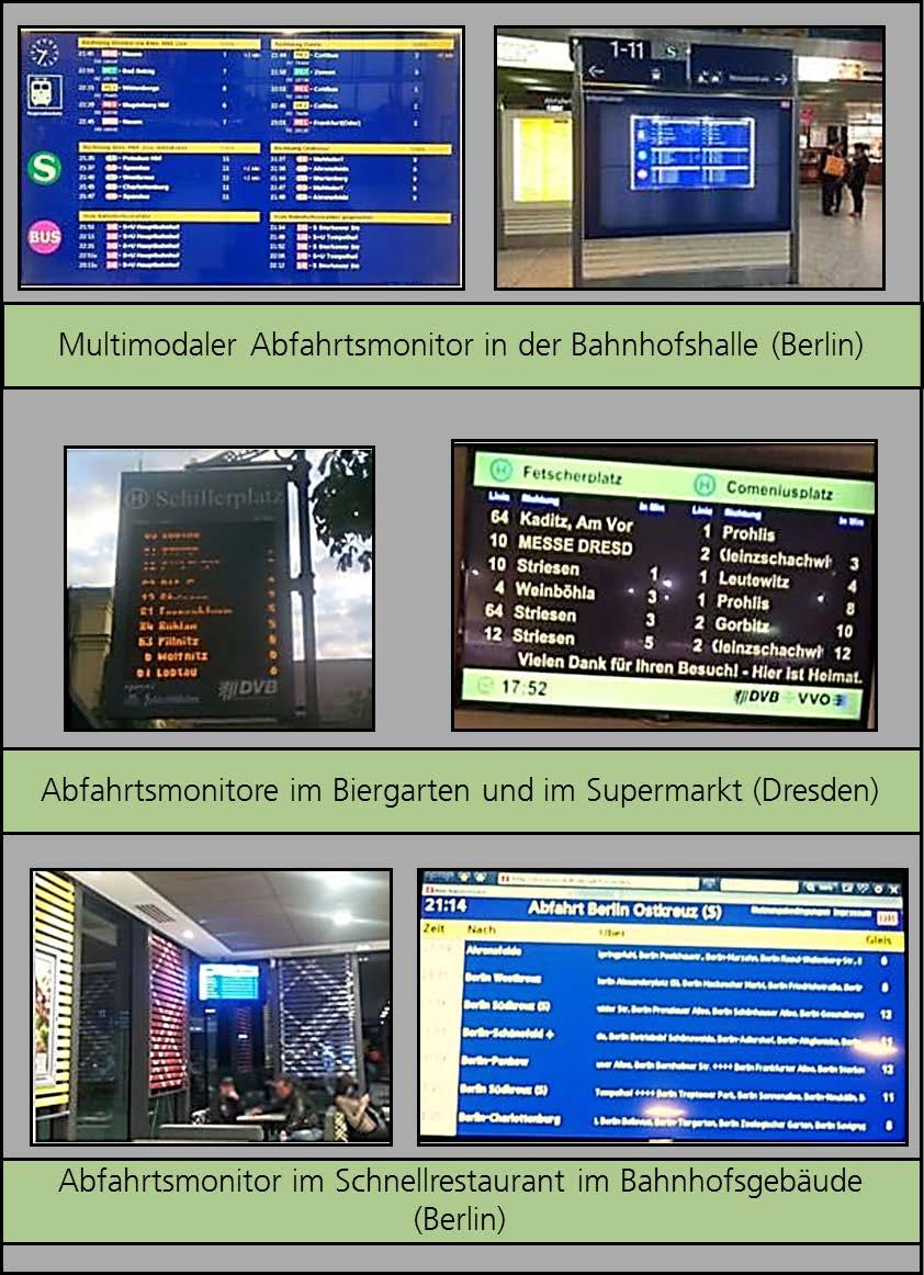 Bild 10 zeigt Beispiele von Public Displays. Diese sind beispielsweise im Bahnhofsbereich zu finden, wie das Beispiel des multimodalen Abfahrtsmonitors am Ostbahnhof in Berlin zeigt.