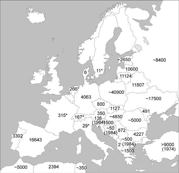 K.-M. THOMSEN: Bestandsentwicklung der Weltpopulation des Weißstorchs 7 Abb. 2: Ergebnisse des V. Internationalen Weißstorchzensus 1994/95 (aus SCHULZ 1999). Fig.