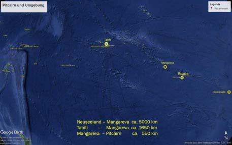 Pitcairn gehört zu den entferntesten bewohnten Inseln der Welt. Die nächsten größeren Landmassen sind mehr als 5000 km entfernt. Ein Blick aus dem All zeigt die Lage sehr eindrucksvoll.