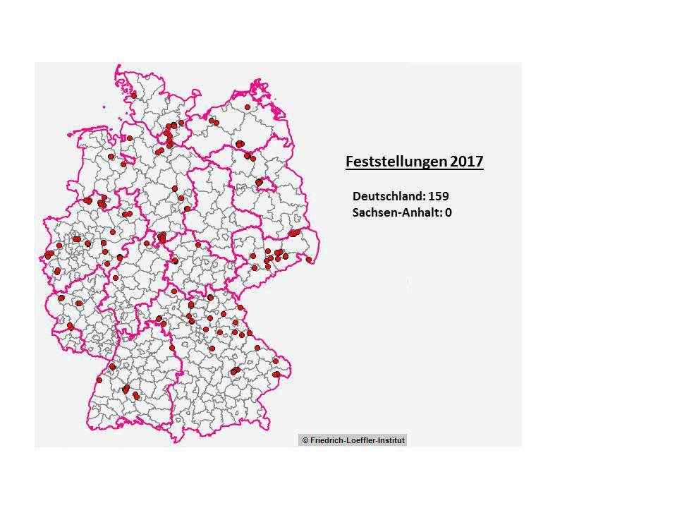 Seite 8 von 14 Anlagen zum AFB-Monitoring-Bericht 2017 Abbildung 1: AFB-Seuchenausbrüche in Deutschland im Jahr 2017 (Quelle TSN, Februar 2018) Anmerkung zum