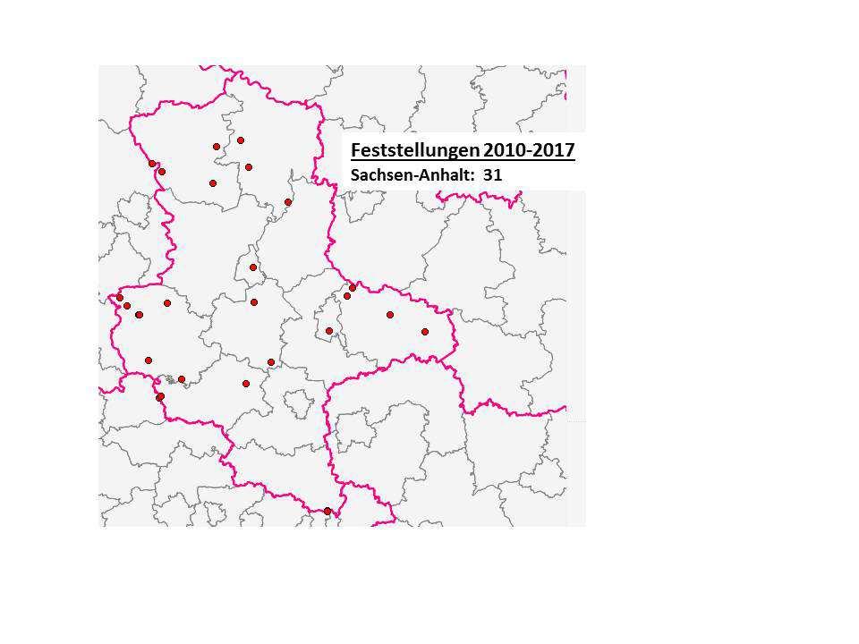 Seite 9 von 14 Abbildung 2: Regionale Verbreitung der Amerikanischen Faulbrut in Sachsen-Anhalt in den Jahren 2010-2017 (Quelle: TSN-Stand Februar 2018) Anmerkung zur TSN-Karte: durch Überlagerung