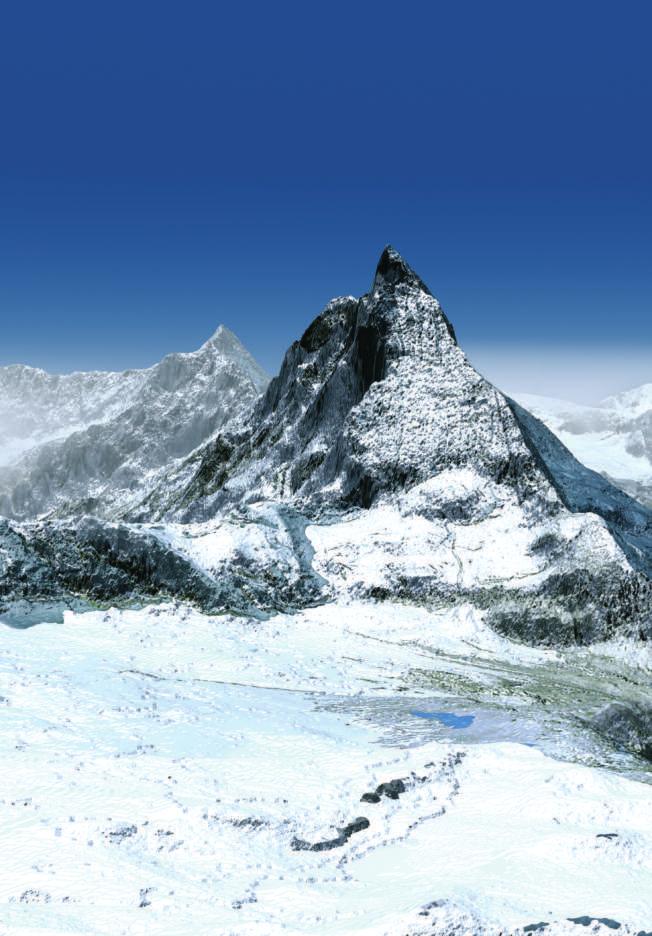 Das Matterhorn Perspektivische Ansicht auf die schneebedeckte Ostwand des 4.478 Meter hohen Matterhorns.