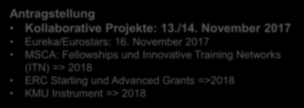 November 2017 MSCA: Fellowships und Innovative Training Networks (ITN) => 2018 ERC Starting und Advanced