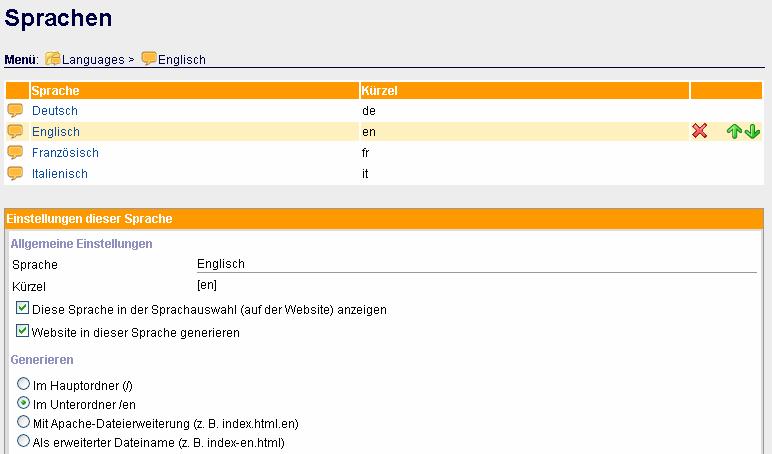 Ist eine Inhaltsseite in einer Sprache nicht vorhanden oder diese Sprache nicht aktiv, so wird die Inhaltsseite unter Alle Sprachen verwendet.