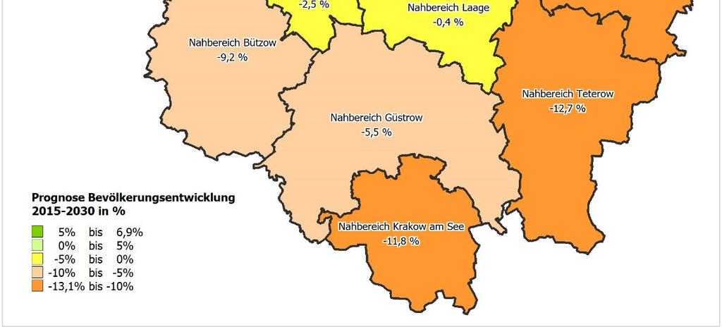Karte 1: Bevölkerungsentwicklung Region Rostock (ohne HRO) von 1 bis 215 sowie Prognose 215 bis 23 Im Zeitraum 1 bis 215 nahm die Einwohnerzahl in der Region Rostock (ohne HRO) insgesamt um 5,7 % ab.