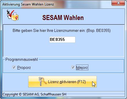 exe: Geben Sie dann Ihre Lizenznummer ein, wählen das zu lizenzierende Programm (Proporz oder Majorz) und klicken Sie auf weiter.