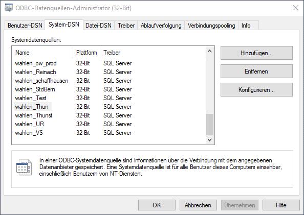 6 Client einrichten (ODBC Datenquelle Wahlen) Achtung: Für Installationen auf einem 64-Bit Server muss zwingend der OCBC Administrator aus dem Verzeichnis "C:\windows\SysWOW64\odbcad32.exe" (32 BIT!