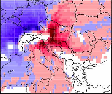 Herkunftsanalyse PM10 Linz Die Perzentilmethode (siehe Abbildung 34) lässt ebenfalls die Zugbahn hoch belasteter Luftmassen über Südrumänien, Nordserbien, Slawonien, Südwestungarn und Nordostungarn