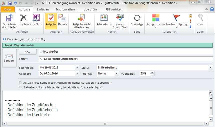 den Verantwortlichen Synchronisation der MAP mit Outlook