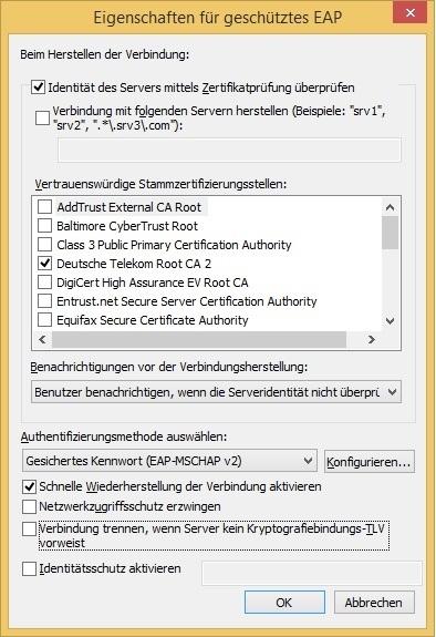 Sicherheitshinweis: Es ist leider möglich, die WLAN-Verbindung auch ohne Zertifikatsprüfung herzustellen. Dies birgt aber die Gefahr, dass Sie sich nicht mit dem WLAN der FRA-UAS verbinden, sondern u.