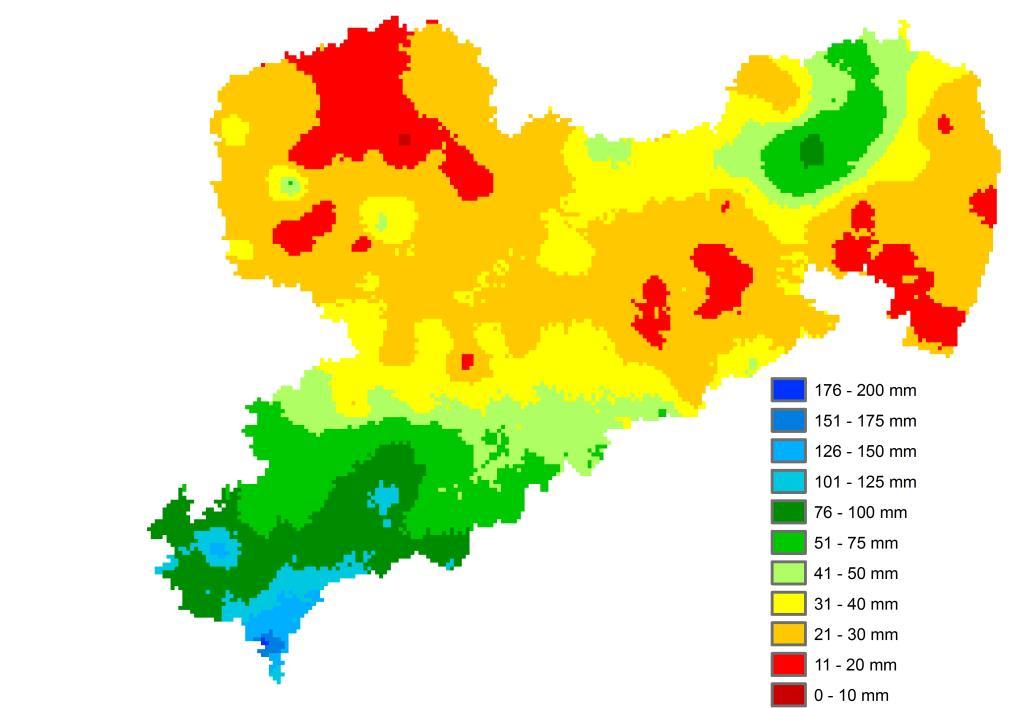 Abbildung 3: Aus interpolierten Stationsdaten abgeleitete Verteilung der Monatssummen des Niederschlages im Mai 2018, Datenquelle: DWD-REGNIE
