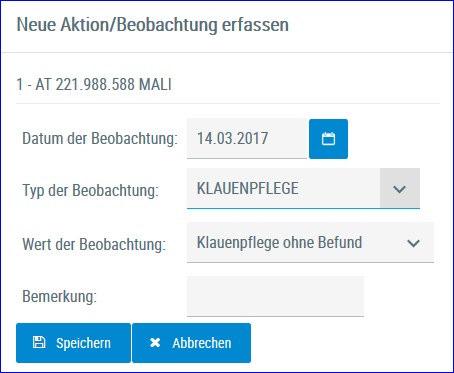 Eingabe des Datums, am besten über die Kalenderfunktion - Klicken auf das Kalendersymbol. Über das Drop-Down Menü - Auswahl des Typs und des Wertes der Beobachtung.