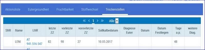 Bereich Trockenstellen: Auf der Aktionsliste Trockenstellen werden die Kühe angezeigt, die trocken zu stellen sind.