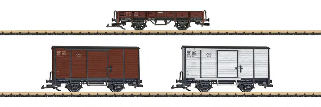 49350 Güterwagenset 100 Jahre OEG Das Güterwagenset besteht insgesamt aus 3 Güterwagen. Davon sind 2 gedeckte Güterwagen und 1 Niederbordwagen. Betriebszustand in der Epoche III.