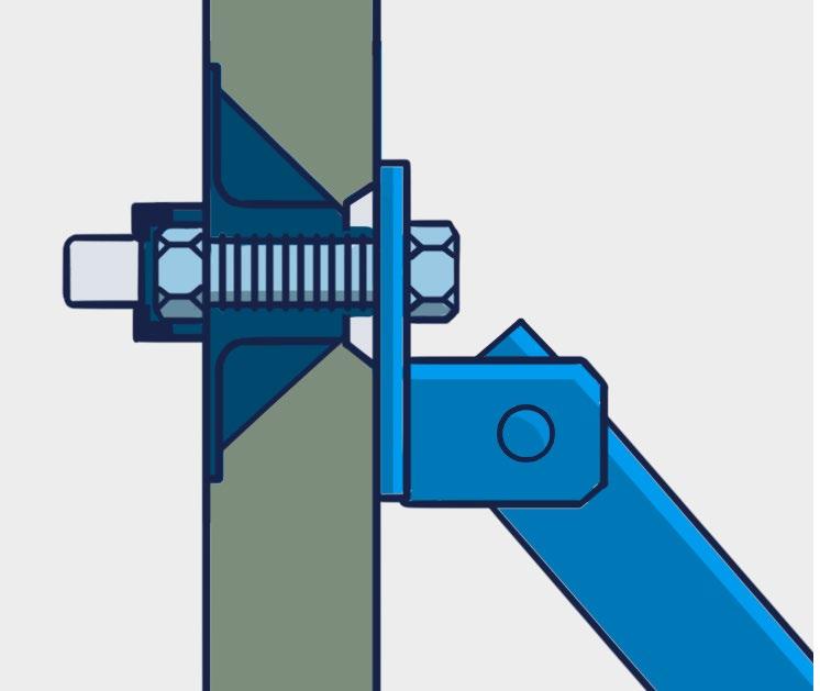 Diese werden mit Schrauben und U-Scheiben an den im Element werkseitig eingebauten Dübeln befestigt und auf der Bodenplatte angedübelt. (Abb. 4) Abb. 4: Schrägstützenverankerung (Details siehe Abb. 4.1.