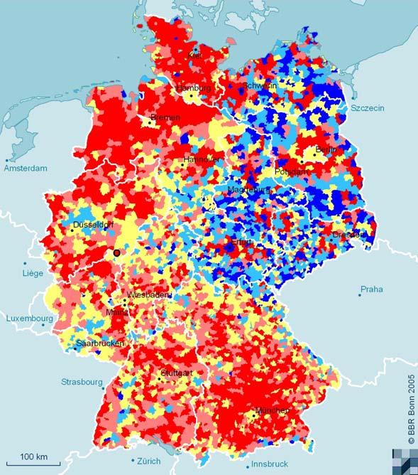 Vielfalt in der bisherigen Dynamik Veränderung der Bevölkerungszahl 1993 bis 2002 in % bis unter -7,5-7,5 bis unter -2,5-2,5 bis unter 2,5 2,5 bis unter 7,5 7,5 und mehr Die Spaltung der Dynamik